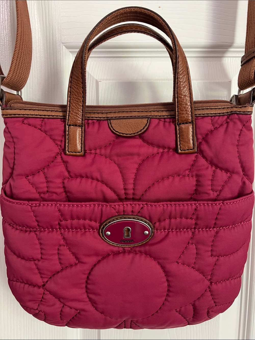 Fossil Quilted Magenta Tote with Brown Trim
